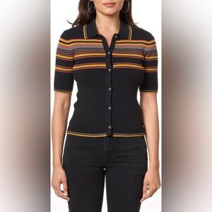 Scotch & Soda Short Sleeve Rib Knit Polo Cardigan in Black - L